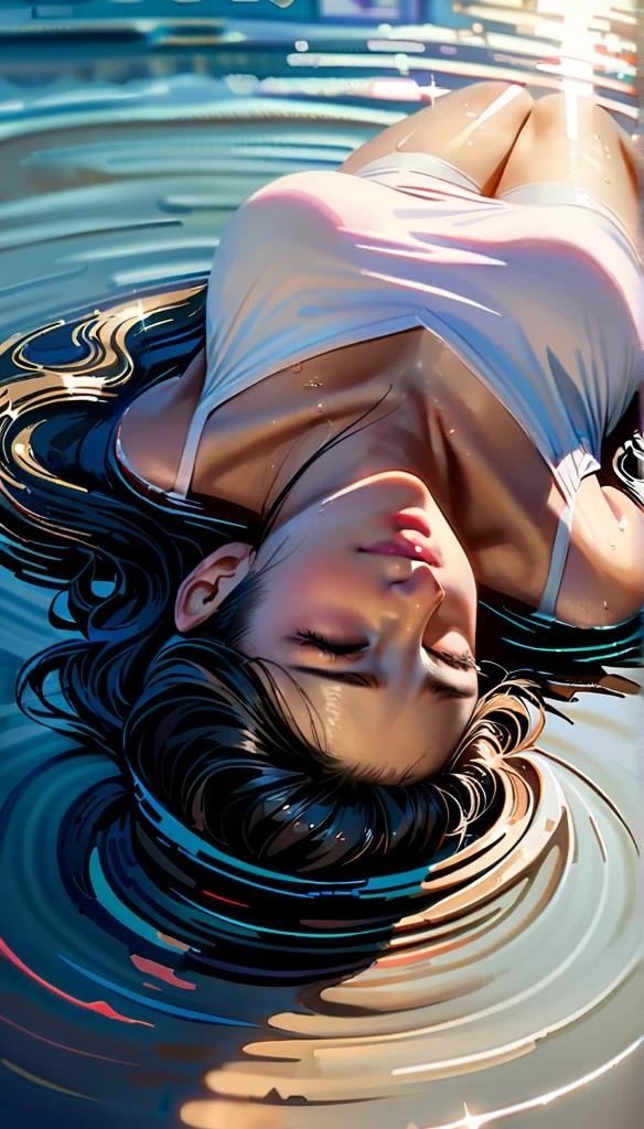 (realistic,photorealistic),(best quality,4k,8k,highres,masterpiece:1.2), (full silhuette), full body portrait of a woman lying on her back on the water and floating on the surface of the water, lies on the surface of the water, head tilted back, wet hair floating on the surface of the water, eyes closed,peace and tranquility,medium:oil painting,soft and gentle brushstrokes,calming blue tones,subtle reflections,dreamlike atmosphere,detailed facial features,long wavy hair flowing,serene expression,gentle ripples on the water,light rays shining through,subtle shimmer and sparkle,slight distortion in the water,harmonious composition