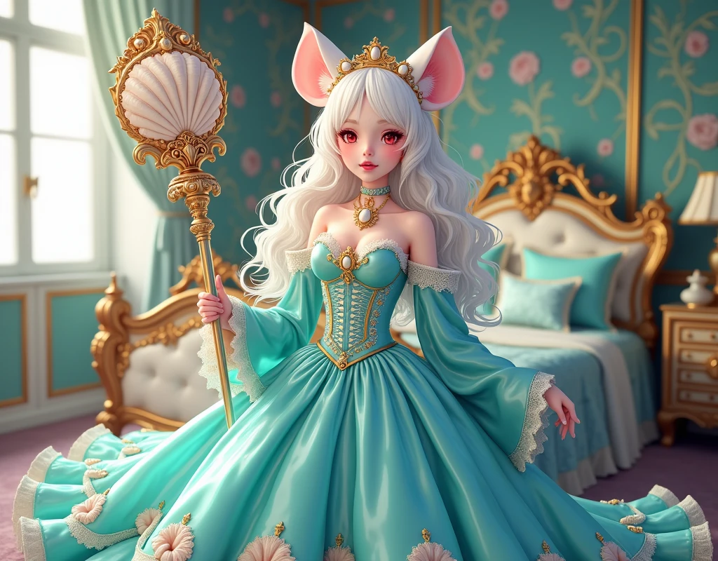 (best quality,4k,8k,highres,masterpiece:1.2), ultra-detailed, Pretty albino girl has a princess of the sea, drawn in 2D anime style, steampunk, wearing a iridescent turquoise princess gown with puffy sleeves, steampunk, gorgeous frilly dress design,flowing gown, elaborate lace details,rich textures,contrast stitching,delicate ribbon bows, seashells embroidery, full skirt with ocean wave pattern,short sleeves,fitted waistline,translucent flowing layered sleeves,lace-up back,luxurious fabrics,flawless silhouette, long curly white hair and red eyes, white fur, smiling, mouse ears and tail, ribboned high heels, white elbow evening gloves, gold bracelets, tiara made of seashells, beautifully detailed lips with lipstick, long eyelashes, eyeshadow, seashell necklace, in a castle bedroom with intricate decoration and luxurious furniture, flower wallpaper, she is holding a magic staff made of seashells and pearls.