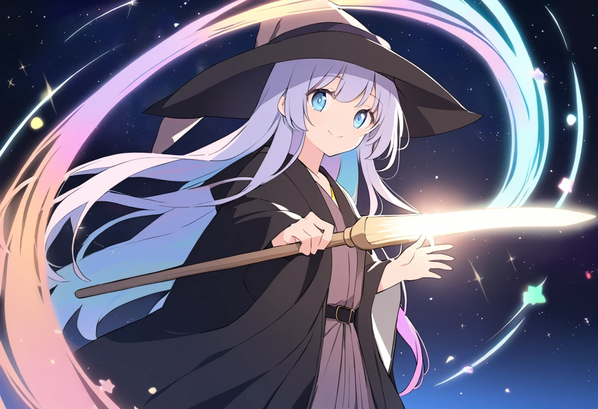 (((anime))) A woman riding a magic broom,Harry Potter-esque,Light comes from the broom,Point forward with your left hand,Light Powder Long Hair,Center Parting,(Rainbow Hair) Big Eyes,(Blue eyes),smile,Profile Magic Robe,red,Witch&#39;s Tricorner Hat Magical Sky,End of the Galaxy,Fantasy,Light from above,Backlight,masterpiece,Highest quality,Exquisite,8k,Absurd,Ultra-fine illustrations,third person,Far Angle