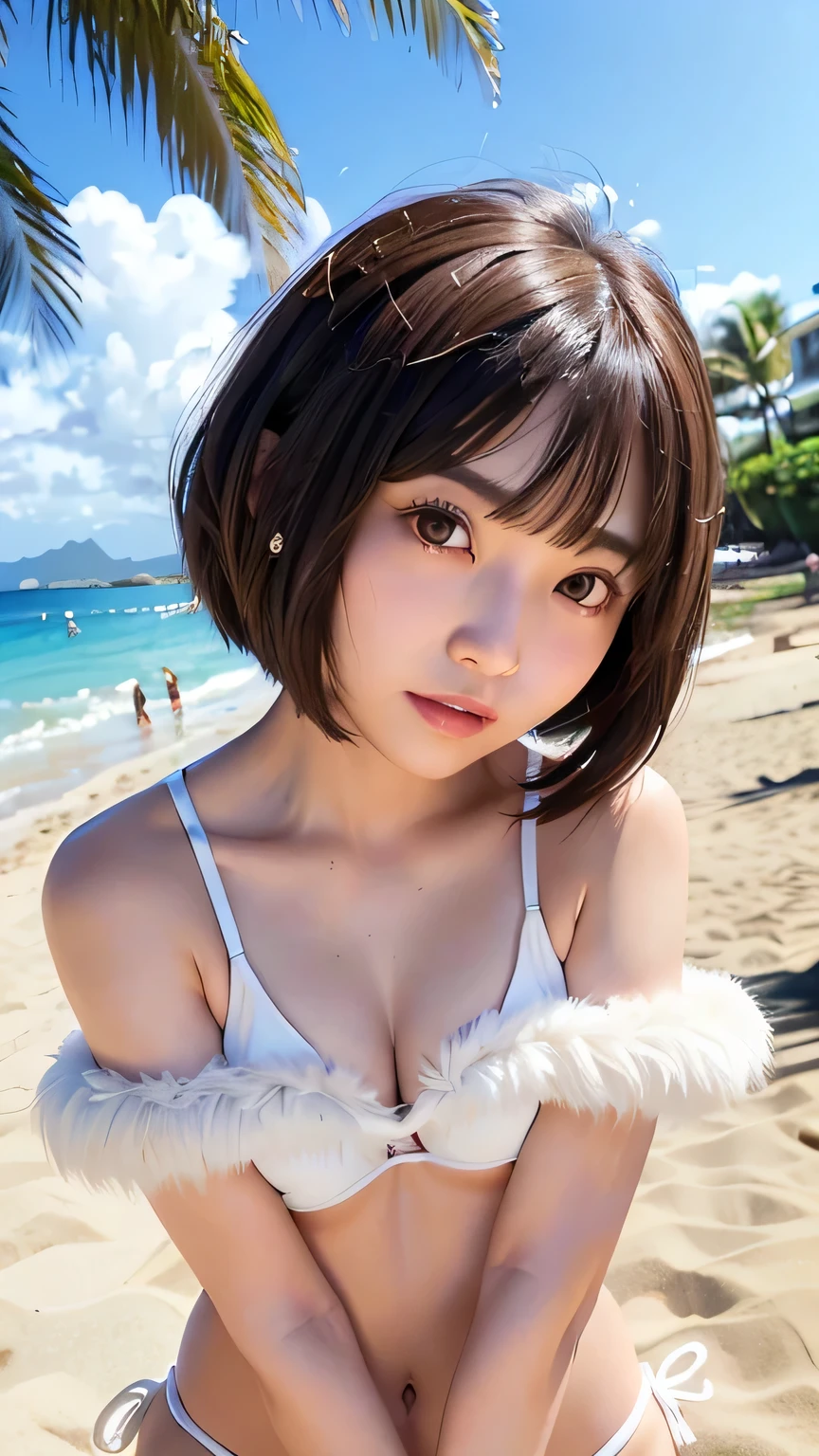 (((Loose, Shoulder-length fluffy brown mini bob hairstyle)))、(((Hawaii beach background)))、(((Pose like a model at the hair salon)))、(((Wearing a white micro bikini)))、Face close-up、Half Japanese, Half Korean、1 girl、Independent、I'm looking forward to、Light eye makeup、Brown Hair Color、Flat 、Hair blowing in the wind、Quality of actress、Shiny, Ultra-realistic faces、smile、Watery eye、look up、Subtle lighting effects、 Ultra-Realistic Capture、Very detailed、High resolution 16K human skin closeup。Skin texture must be natural、The detail must be such that the pores are clearly visible.、skin is healthy、Even Tone、Use natural light and colour、High quality images taken by modeling agencies'Exclusive photographer、smile、(((Sigma 300mm F/2.8,1/1000 sec shutter,ISO400)))