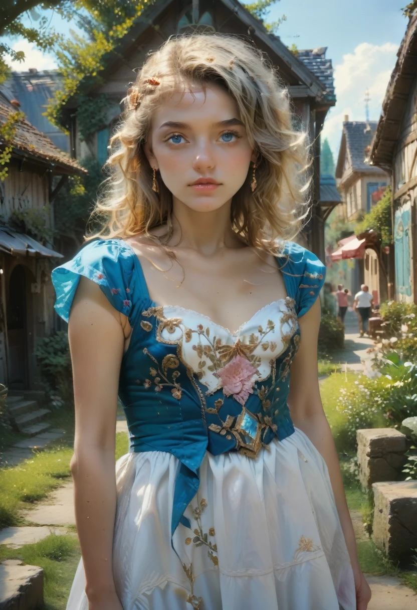 Best quality, masterpiece, realistic photo, complex parts, RAW photo, Ultra detailed, old fashioned young woman, with a peasant-style dress, no cutouts, blonde hair, Perfect detailed and blue eyes, Walk through the old town, HD quality, 8 K, young woman, 20 years