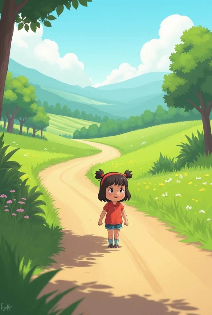 A littel girl walk on road 
