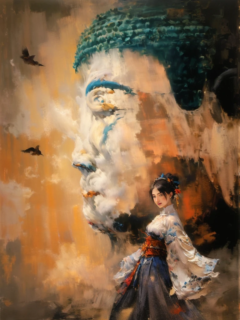 painting of a woman in a traditional dress walking past a large buddha statue, japanese art, inspired by Jin Nong, by Ma Quan, japanese art art, japanese goddess, portrait of geisha, inspired by Tosa Mitsunobu, japanese art style, ancient japanese, serene expression, 8k resolution.oil on canvas, guweiz masterpiece