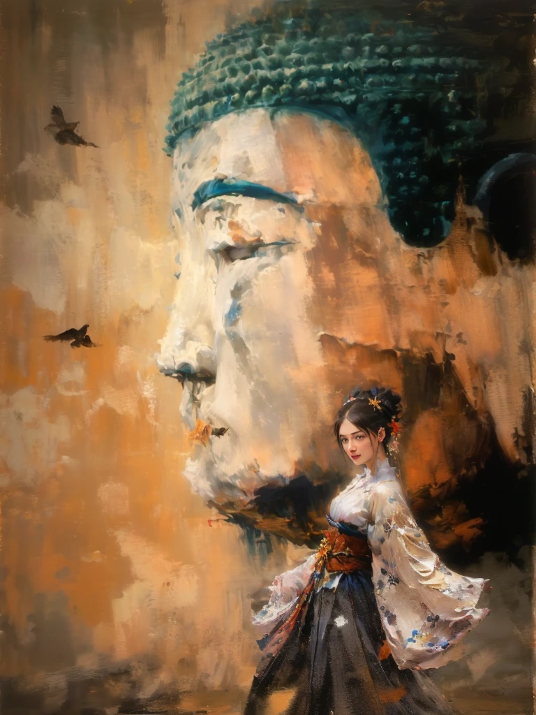 painting of a woman in a traditional dress walking past a large buddha statue, japanese art, inspired by Jin Nong, by Ma Quan, japanese art art, japanese goddess, portrait of geisha, inspired by Tosa Mitsunobu, japanese art style, ancient japanese, serene expression, 8k resolution.oil on canvas, guweiz masterpiece