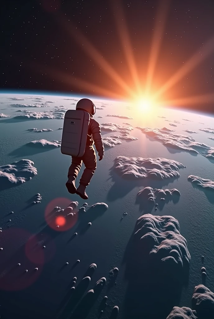 quality\(8k,Extremely detailed CG unit wallpaper, masterpiece,High resolution,top-quality,top-quality real texture skin,surreal,提High resolution,original photo,best quality,Very detailed,wallpaper,movie lighting,Ray tracing,golden ratio\), rest ,alone,1 Astronaut\(wearing a space suit, drifting aimlessly through the galaxy\(dark,fair,fair stars\),On the moon\) looking at the sun\(fair ,dazzling\) rising from the top of the earth\((fair,Blue:1.4)\),(long shot:1.5)