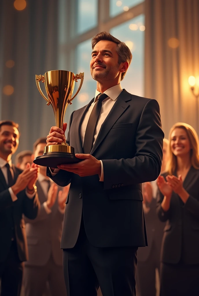 A person, aged 40, receiving an award for business excellence, with a crowd applauding in the background, and a trophy in hand"