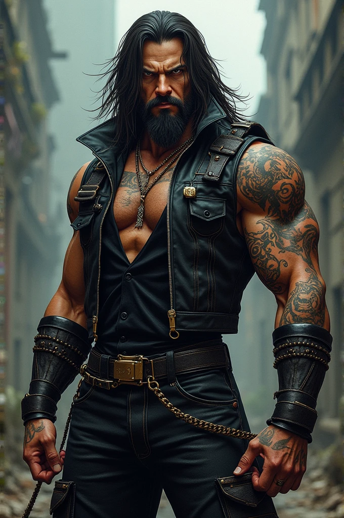 A tall man,long hair and some facial hair on his face,SERIOUS LOOK,strong,tattoos,dressed as an anime style metalhead