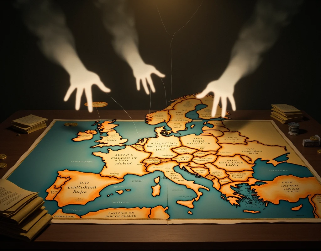 A powerful and symbolic image representing the Rothschild family's unprecedented control over Europe’s financial system in the 19th century. The scene features a detailed map of Europe spread across a table, with thick, golden threads connecting the cities of London, Paris, Vienna, Naples, and Frankfurt, symbolizing the network of banks established by the Rothschild family. Above the map, ghostly, translucent hands, representing the Rothschilds, gently hover, as if guiding and controlling the flow of wealth across the continent. The background is dark, with subtle details like piles of coins, financial documents, and ledgers, all illuminated by a warm, focused light that highlights the central map and threads