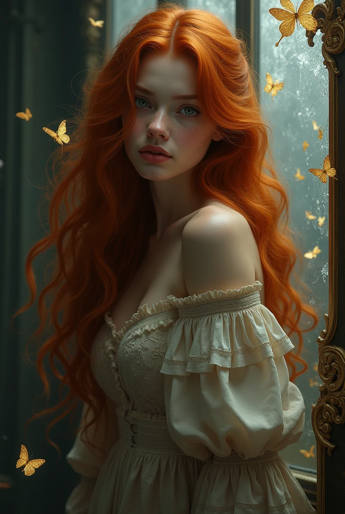 (solo, full body photo:1.3), (action packed:1.3), (haze, fog, mist:1.3), chiaroscuro, best quality, photorealistic, 1woman, (cute), (24yo:1.2), redhead, long ginger hair highly detailed, 1700'S, digital photography, art by artgerm and ruan jia and greg rutkowski surreal painting gold butterfly filigree, broken glass, (masterpiece, sidelighting, finely detailed Fashionable eyes: 1.2) (perfect oval large eyes that gazes at the viewer), beautiful detailed face, blue gorgeous perfect eyes, (blonde hair ponytail), (attractive young woman:1.3), (thick amazing hair), (seductive:1.1), (blushing:1.1)