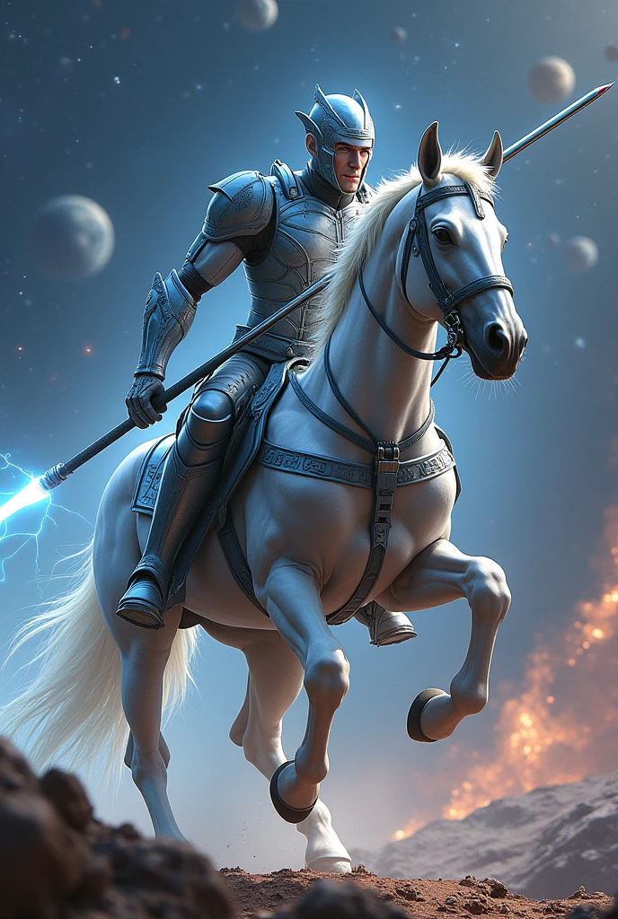Galactic Centaur Warrior: A centaur clad in futuristic armor, galloping through a cosmic battlefield. The starry backdrop is filled with distant planets and nebulas, with the centaur wielding a glowing energy lance, ready to charge into battle.