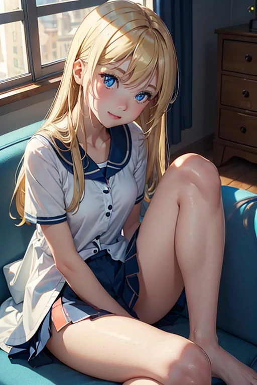 ((1 girl :1,6))，, Dynamic angle, Ultra detailed, illustration, Close-up, straight, Only 1 girl, She has blonde hair,（masterpiece),（Очень подробные обои CG Unity 8K），Best quality，cinematic lighting，detailed background，beautiful detailed eyes，smart students，Blue eyes，（Very good and beautiful），a high resolution，ultra - detailed），flushed complexion，smile，Desire for dissatisfaction，*************************，sits with legs apart on the sofa in the children&#39;s room（A short sundress pulled up to the chest)）, (Small breasts, beauty, funny, Beautiful, slender body, ) , ((there is no underwear under the sundress:1,7)), shows itself [[delicate fingers and hands:0.55]::0.85],(detailed fingers)))