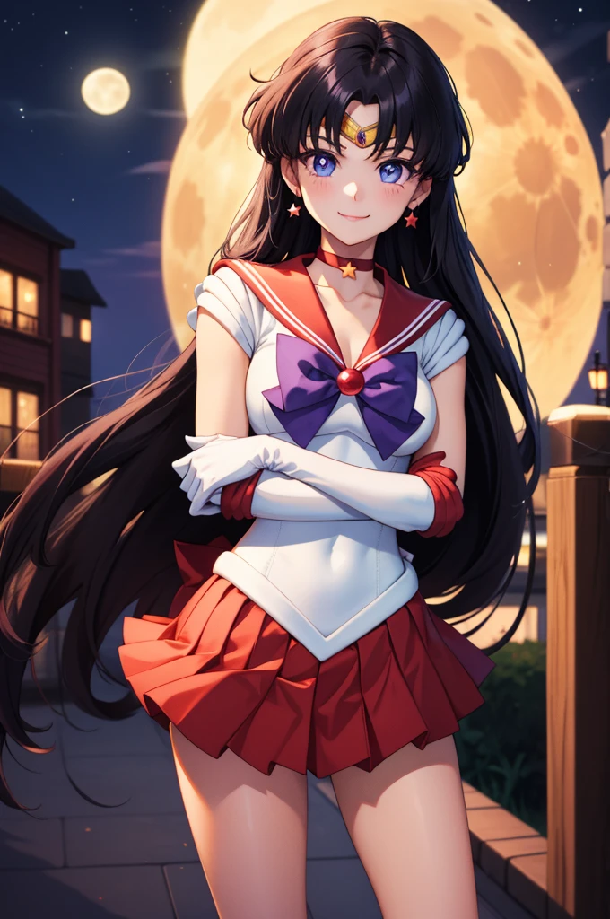 (Masterpiece), Best Quality, ultra-detailed, 1girl (SMMars, Slender and sexy body, lovely breasts, dark skin, black hair, very long hair, red eyes, half-closed eyes), evil face, smirk, parted lips, mascara, full makeup, black eyeshadow, red lipstick, solo, facing viewer, looking at viewer, black latex leotard, cleavage, purple pleats skirt, ultra mini skirt, elbow gloves, skull, skull brooch,jewelry,purple bow, purple choker, red gemstone, purple sailor collar, shirt, short sleeves , full moon, outdoor, fog, standing, Sexy waist teasing, love juice flows out of her pussy
