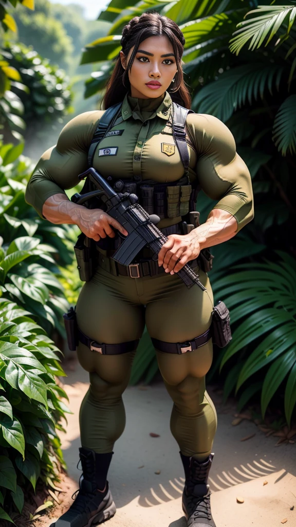 Photorealistic, high resolution, 1 malay woman wearing a green beret, Solo, Hips up, Battlefield background,view the viewer, (Detailed face), braided hair, wearing a green beret and a special team logo, SWAT vests, airborne logo on the chest, sniper rifle handle, camouflage combat suit, Camoflage military uniform, bulletproof vest, Holding an assault rifle, M16, Inside the jungle of Royal Belum, Very detailed, Perfect face, Black eye, jewelry, (full body view), Lifelike, masterpiece, HDR, 4K