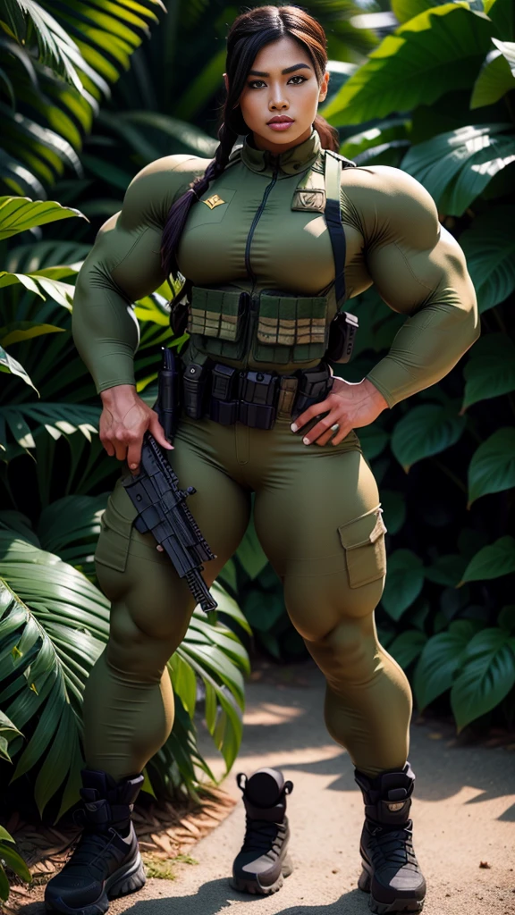 Photorealistic, high resolution, 1 malay woman wearing a green beret, Solo, Hips up, Battlefield background，view the viewer, (Detailed face), braided hair, wearing a green beret and a special team logo, SWAT vests, airborne logo on the chest, sniper rifle handle, camouflage combat suit, Camoflage military uniform, bulletproof vest, Holding an assault rifle, M16, Inside the jungle of Royal Belum, Very detailed, Perfect face, Black eye, jewelry, (full body view), Lifelike, masterpiece, HDR, 4K