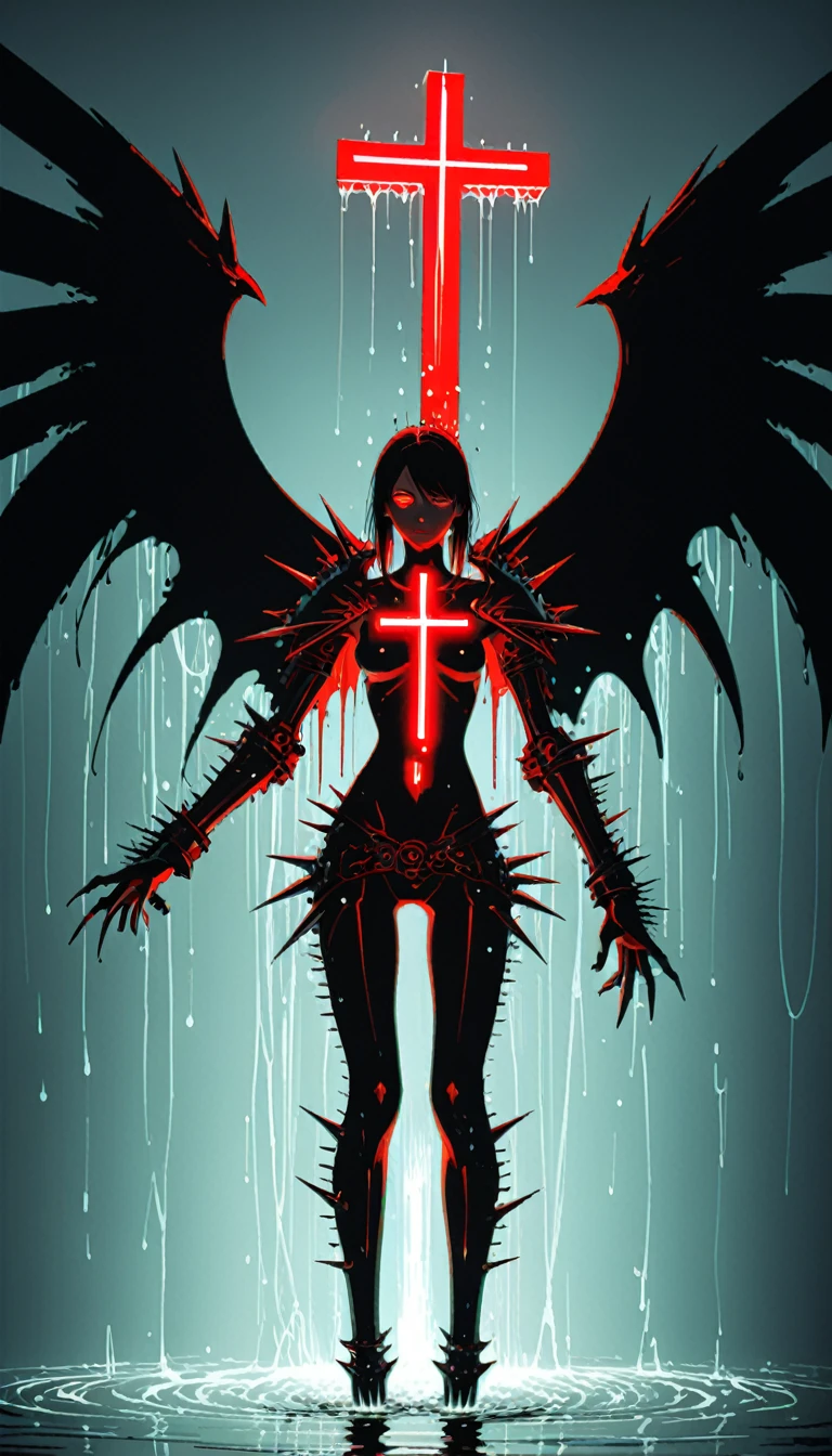 in style of Hans Hartung,in style by Kilian Eng 
(1girl,character conceptual design,half body),gravure_pose,red eyes,(oversize black wings on back:1.3),glowing red fluorescent,armor,giant forearm,drops of water,waterline string,(irregular light cross spikes,all eyes know:1.8)