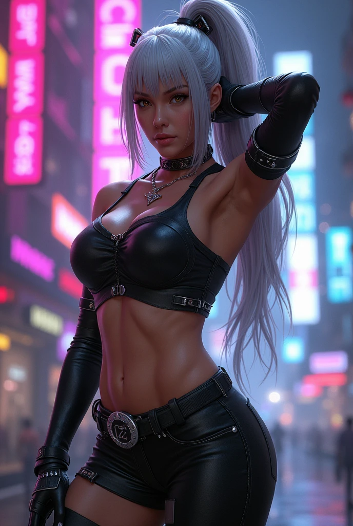 Create an attractive and striking female character with long, silver hair styled in a voluminous high ponytail and sharp golden eyes. She has a large bust and a revealing, tight black leather outfit with a sleeveless, cropped top that highlights her toned abdomen and features metallic buckles and straps. Adorned with black and metallic armbands and a symbolic emblem, she poses dynamically with her arms raised and ponytail pulled to one side, emphasizing her muscular build. The background is a vibrant, futuristic cityscape with neon lights in purples, pinks, and blues, reinforcing the cyberpunk aesthetic.