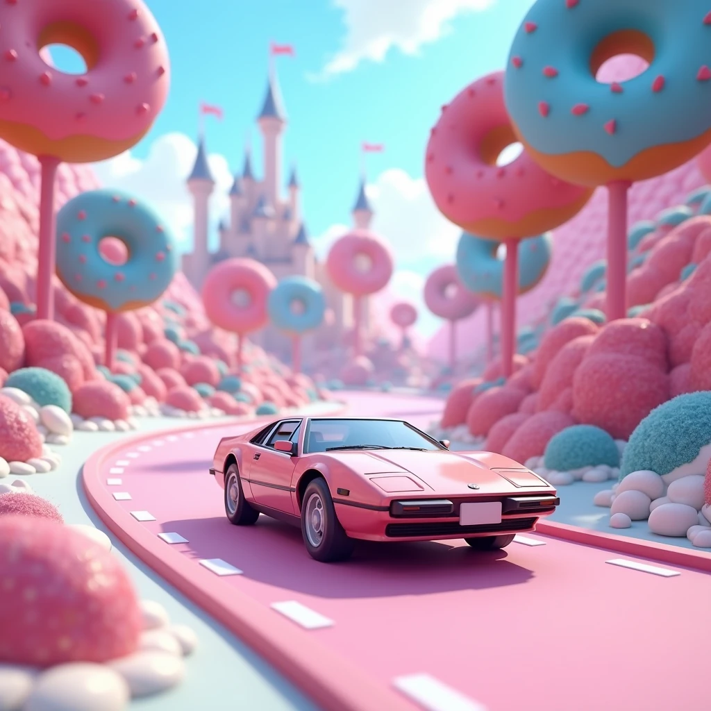 A car driving on the winding road of the Candy Kingdom, vehicle close-up, oblique side view, large scene, candy, tree lollipops, only in the form of doughnuts, candy colorful, surreal, castle in the distance, picture in pink and blue, 3D, depth of field