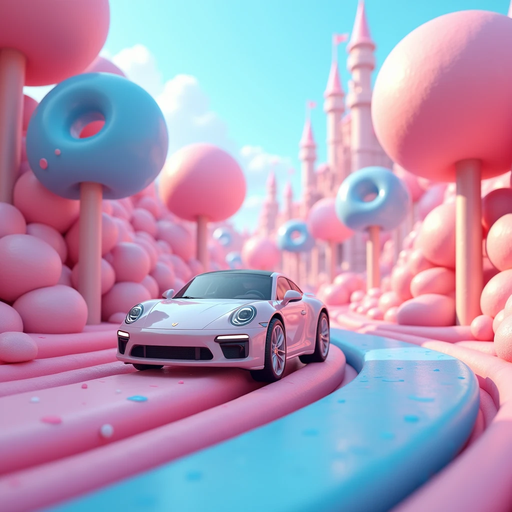 A car driving on the winding road of the Candy Kingdom, vehicle close-up, oblique side view, large scene, candy, tree lollipops, only in the form of doughnuts, candy colorful, surreal, castle in the distance, picture in pink and blue, 3D, depth of field