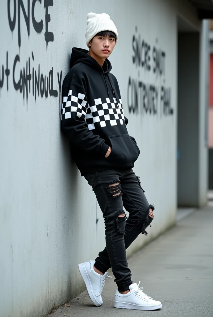 Featuring full HD high resolution images, A handsome Korean man wearing a black hoodie with a white checkered pattern, wearing black ripped jeans, Adidas white sneakers and a white beanie hat, seen leaning against a clean white concrete wall while facing the camera, There is graffiti written on the wall " ONCE SINCERE BUT CONTINUOUSLY FAIL", blur city street background, realistic