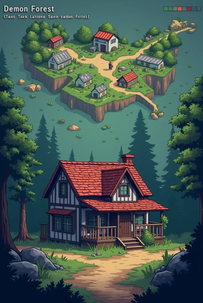 Create a house image in pixel art style., With post-apocalyptic graphics , Map of the village in the Demon Forest , You must mark the place where the arms and supplies market is located., school, City Hall, etc., The house should have a simple design., With elements that reflect the identity of villagers in the middle of the forest. , For example, the roof has deteriorated over time or through use in the weather. , 