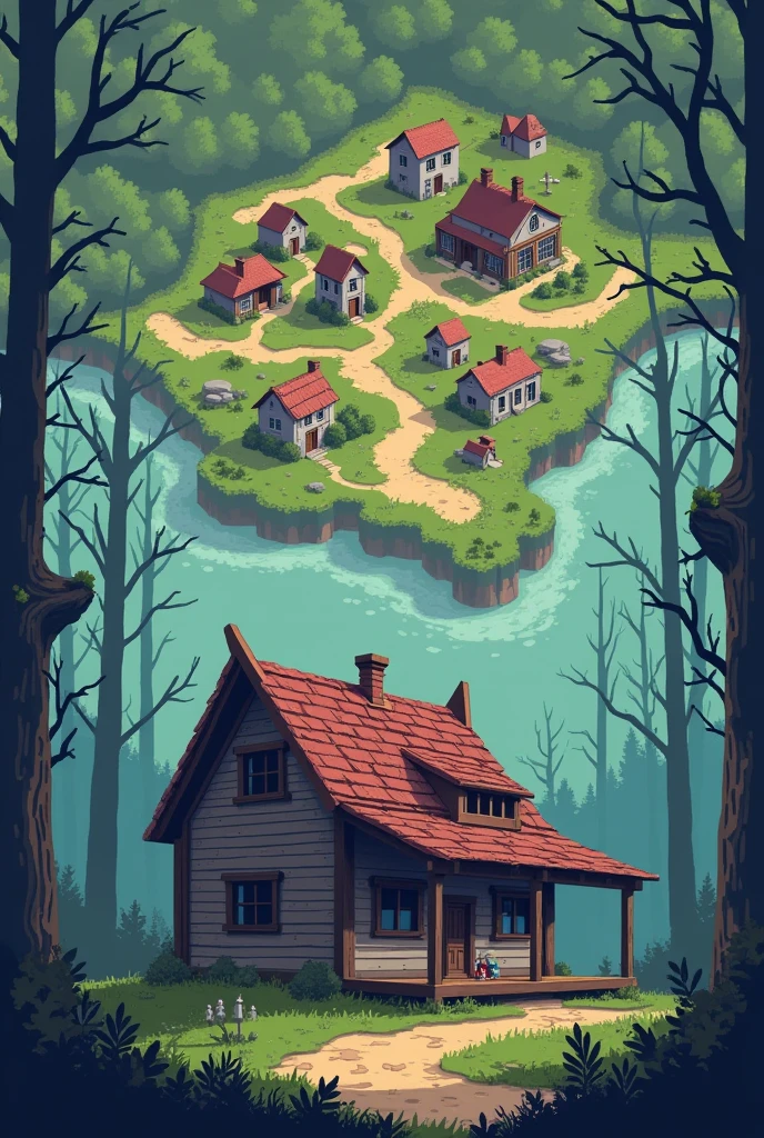 Create a house image in pixel art style., With post-apocalyptic graphics , Map of the village in the Demon Forest , You must mark the place where the arms and supplies market is located., school, City Hall, etc., The house should have a simple design., With elements that reflect the identity of villagers in the middle of the forest. , For example, the roof has deteriorated over time or through use in the weather. ,
