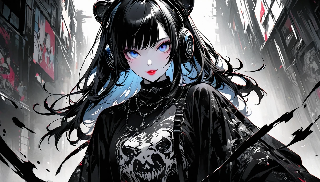 Create digital artworks in the pop art style、ink style drawing、Black ink on white paper、笑顔のGothic Fashionガール、Street fashion、Gothic Fashion、Intense black and white brushstrokes、delicate and dynamic、Upper Body、、drawing、shape、white and black ink、Thick ink lines、The pen strokes are very detailed and dynamic、Expressing shadows with precise lines、Lips are red、blue eyes、Extreme contrast、A kind smile、(Headphones)