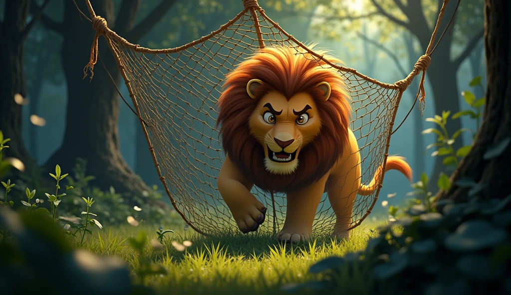 "Prompt: "The lion is caught in a large, strong net set by hunters. His face shows frustration and distress, his body tense as he struggles to break free. The net is tangled around him, emphasizing his trapped state. The background is a dense forest area with tall grasses and shadows, giving a sense of danger and entrapment."3d animation Disney inspired