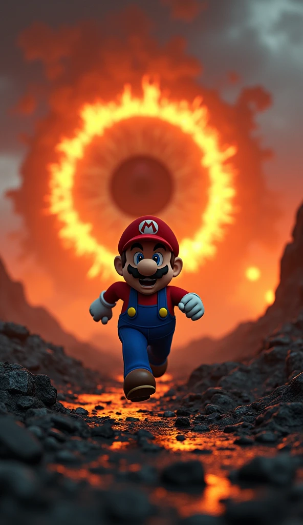 Conceptual art. 16K. UHD. High quality, photorealism. Thematic background. Fantasy. Mysticism. Detailed face with expressive eyes. Stunning full color design, sharp focus, studio shot, intricate details, high detail, detailed anatomy. Hyperrealism.
Super Mario in the foreground, running from Mordor with an expression of fear. Super Mario has stolen the One Ring. The background is dominated by a massive eye-like structure (the All-Seeing Eye of Sauron), made of intense flames emitting bright light. This fiery eye is surrounded by bright orange and red flames, creating a dramatic and ominous atmosphere. The sky is filled with thick dark clouds, adding to the sense of impending doom. The ground is covered with scattered dark gray rocks and charred earth, illuminated by the bright fire behind the character. The overall mood is intense, dramatic and humorous, with Mario's carefree appearance contrasting with the dark, fantasy-inspired setting. Lighting primarily comes from a central fiery eye, casting strong shadows and highlights across the landscape, creating a cinematic feel with high gamma, medium contrast and warm tones dominating the color palette.