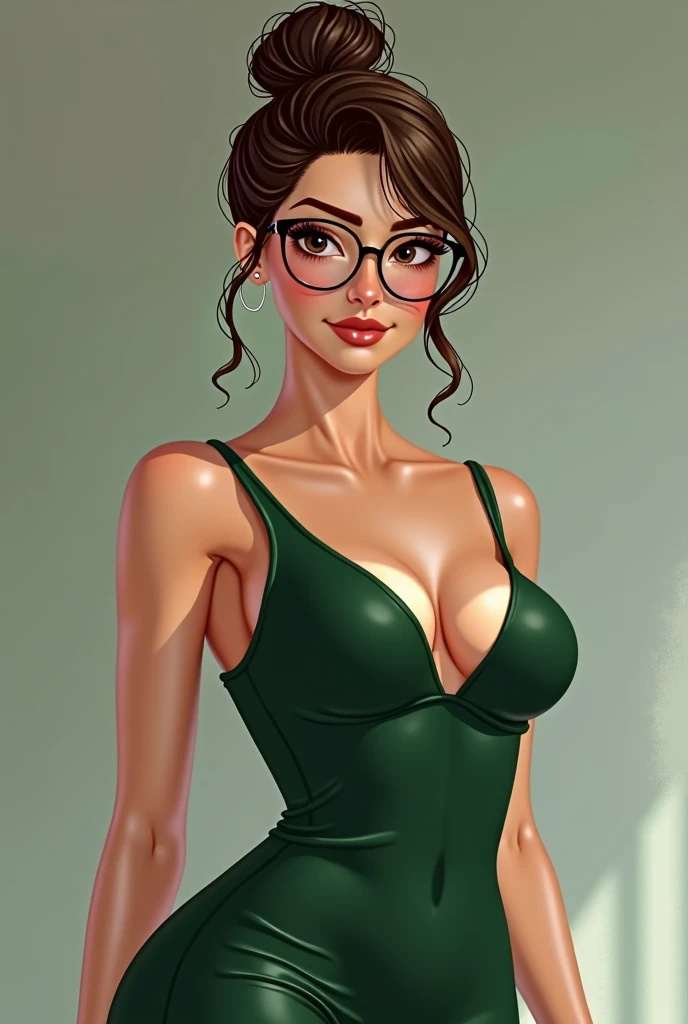 A woman of average body, with a bun, wears glasses, has large breasts, wears a low-cut green dress, the color of the hair is brown. 