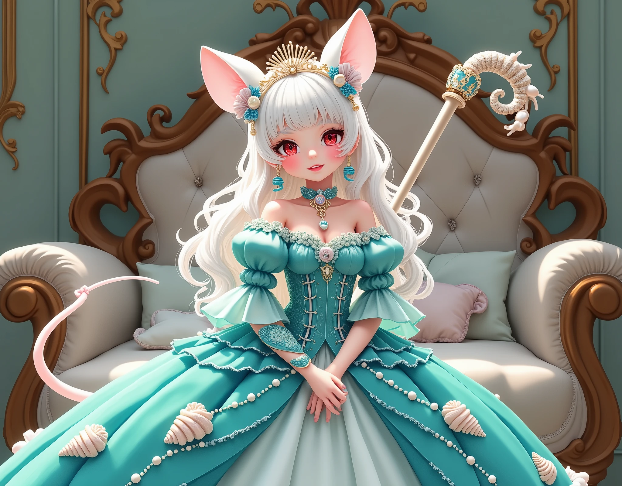 (best quality,4k,8k,highres,masterpiece:1.2), ultra-detailed, Pretty albino girl has a princess of the sea, drawn in 2D anime style, steampunk, wearing a iridescent turquoise princess gown with puffy sleeves, steampunk, gorgeous frilly dress design,flowing gown, elaborate lace details,rich textures,contrast stitching,delicate ribbon bows, seashells embroidery, full skirt with ocean wave pattern,short sleeves,fitted waistline,translucent flowing layered sleeves,lace-up back,luxurious fabrics,flawless silhouette, long curly white hair and red eyes, white fur, smiling, mouse ears and tail, ribboned high heels, white elbow evening gloves, gold bracelets, tiara made of seashells, beautifully detailed lips with lipstick, long eyelashes, eyeshadow, seashell necklace, in a castle bedroom with intricate decoration and luxurious furniture, flower wallpaper, she is holding a magic staff made of seashells and pearls.
