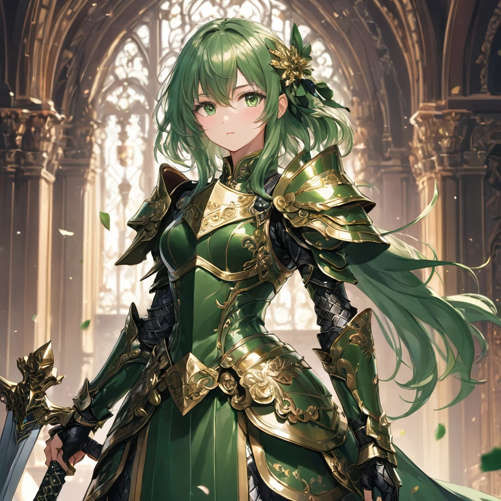 One girl,alone,anime,whole body, From feet to head、Classy girl,Armored,Holding a sword,anger,(embedded:Unaesthetic XLv13.Safety Tensor:1.2),(embedded:Negative XL_is.Safety Tensor:0.8),(masterpiece,Highest quality,Ultra_detailed,High resolution,Absurd:1),(masterpiece, Highest quality, Highest quality, beautifully、aesthetic),Ultra-detailed,Very delicate and beautiful,beautiful detailed face,澄んis顔,Best illustrations,extremely detailed eyes and face,wonderful,detailed and intricate,Best image quality, beautifully繊細な背景,beautiful detailed, Green armor