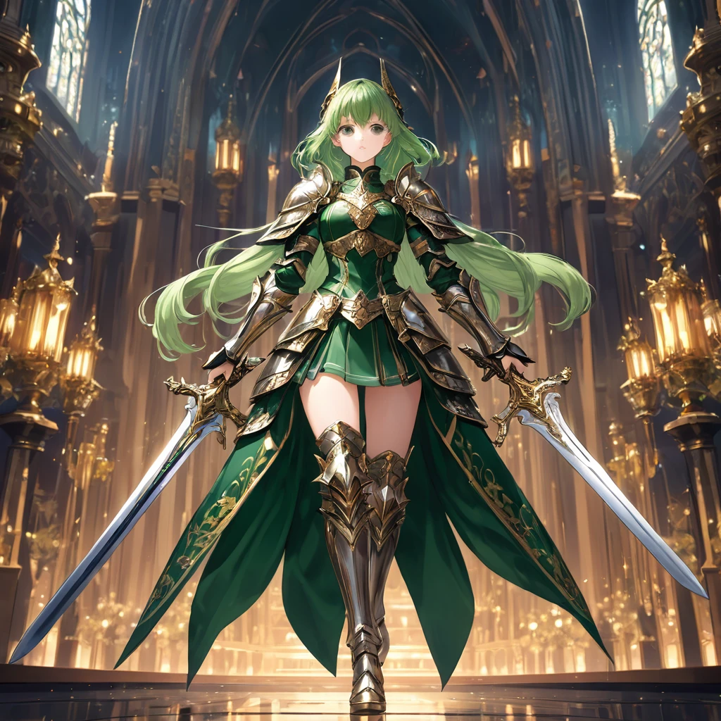 One girl,alone,anime,whole body, From feet to head、Classy girl,Armored,Holding a sword,anger,(embedded:Unaesthetic XLv13.Safety Tensor:1.2),(embedded:Negative XL_is.Safety Tensor:0.8),(masterpiece,Highest quality,Ultra_detailed,High resolution,Absurd:1),(masterpiece, Highest quality, Highest quality, beautifully、aesthetic),Ultra-detailed,Very delicate and beautiful,beautiful detailed face,澄んis顔,Best illustrations,extremely detailed eyes and face,wonderful,detailed and intricate,Best image quality, beautifully繊細な背景,beautiful detailed, Green armor
