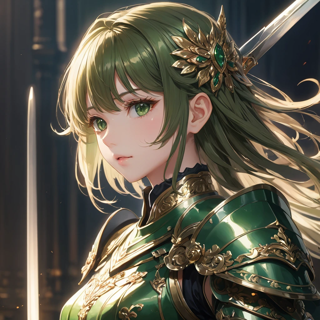 One girl,alone,anime,whole body, From feet to head、Classy girl,Armored,Holding a sword,anger,(embedded:Unaesthetic XLv13.Safety Tensor:1.2),(embedded:Negative XL_is.Safety Tensor:0.8),(masterpiece,Highest quality,Ultra_detailed,High resolution,Absurd:1),(masterpiece, Highest quality, Highest quality, beautifully、aesthetic),Ultra-detailed,Very delicate and beautiful,beautiful detailed face,澄んis顔,Best illustrations,extremely detailed eyes and face,wonderful,detailed and intricate,Best image quality, beautifully繊細な背景,beautiful detailed, Green armor