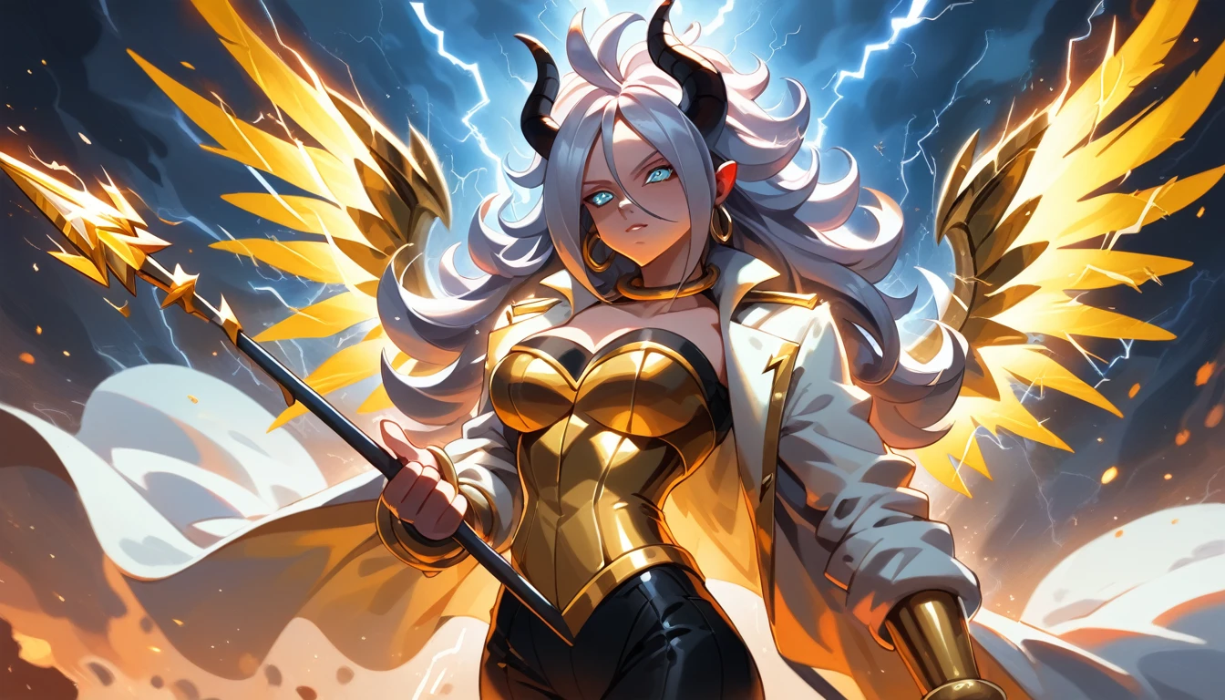 ((((Golden Spear)))), ((Lightning Power)), ((Electricity)), ((Fire Background)), ((Lightning Storm)), ((Power Erupting)), ((((android 21)))), (((white Coat))), (((Busty))), luxury bustier corset, ((silver hair)), (((Very slim waist))), propotional body, ((Gorgeous)), (((gold wings))), masterpiece, hyperdetail, ambient effect, digital effect, (((Lightning Spear))), (((Fire Gold Armor))), (((Lightning Gold Wings))), ((Fire Demon Horns))