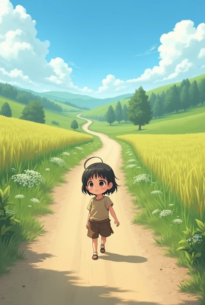 A littel girl walk on road realstic pic