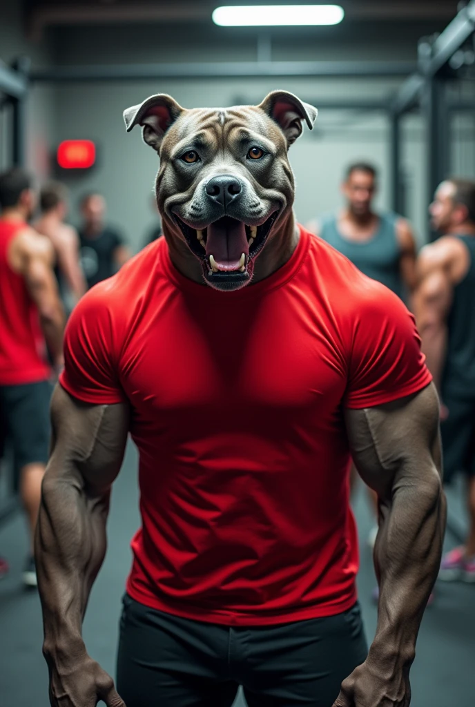 big dog open mouth in red color t shirt, stand in gym, other gymer in background , 5 photo 