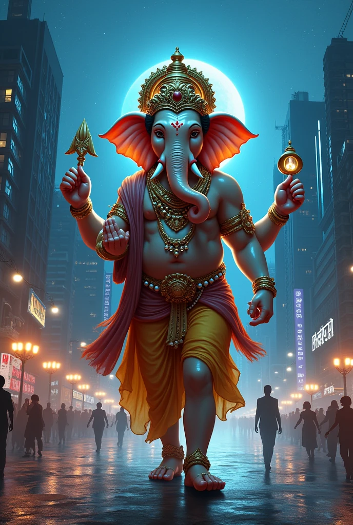 lord Ganesh walking in night in city add IRAKALGADA raja text