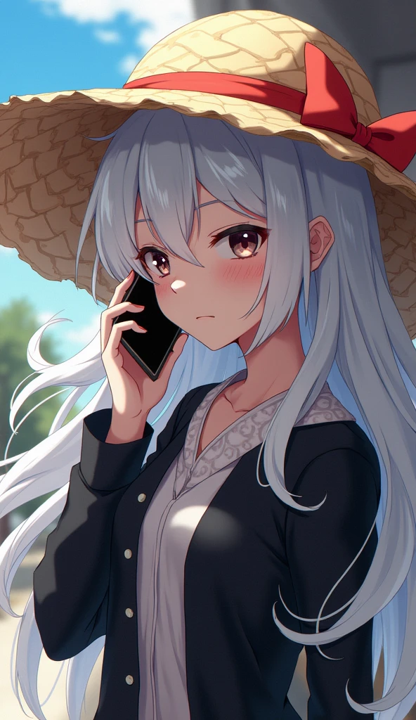 anime character with white hair and a straw hat talking on a cell phone, trigger anime artstyle, jujutsu kaisen, a silver haired mad, joker as naruto, joker looks like naruto, ichigo kurosaki, nagito komaeda, detailed fanart, from one piece, high quality fanart, official art, advanced digital anime art ”, bleach manga style