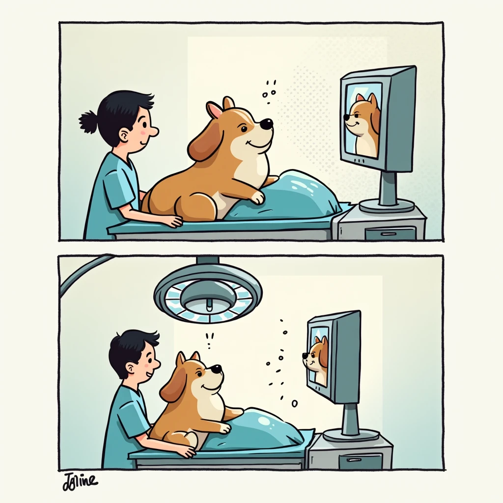 Chibi Style, 2-panel cartoon, dot halftone, Flat Color, Large dog undergoing laparoscopic surgery,The doctor is looking at the monitor,