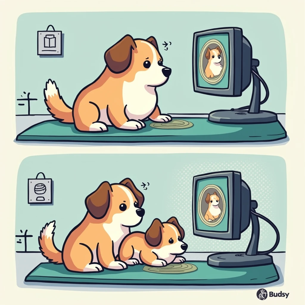 Chibi Style, 2-panel cartoon, dot halftone, Flat Color, Large dog undergoing laparoscopic surgery,The doctor is looking at the monitor,
