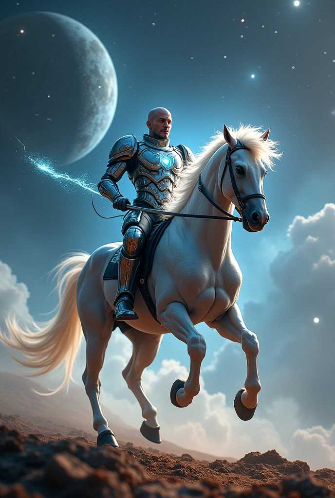 una criatura legendaria con la cabeza, los brazos y el torso de un hombre y el cuerpo y las patas de un caballo.clad in futuristic armor, galloping through a cosmic battlefield. The starry backdrop is filled with distant planets and nebulas, with the centaur wielding a glowing energy lance, ready to charge into battle.