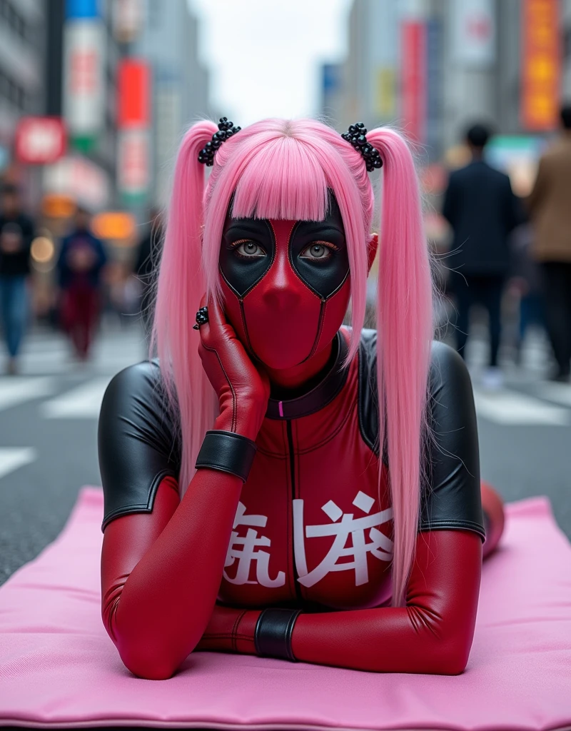 ((Highest quality)), ((masterpiece)), (photograph), (Japanese women), ((Deadpool costume and mask)), (White letters on the chest「mu-mi」He writes:1.2), Deadpool woman with pink hair and twin tails, Lying on a pink bath mat at Tokyo&#39;s Scramble Crossing, Surrounded by passers-by。