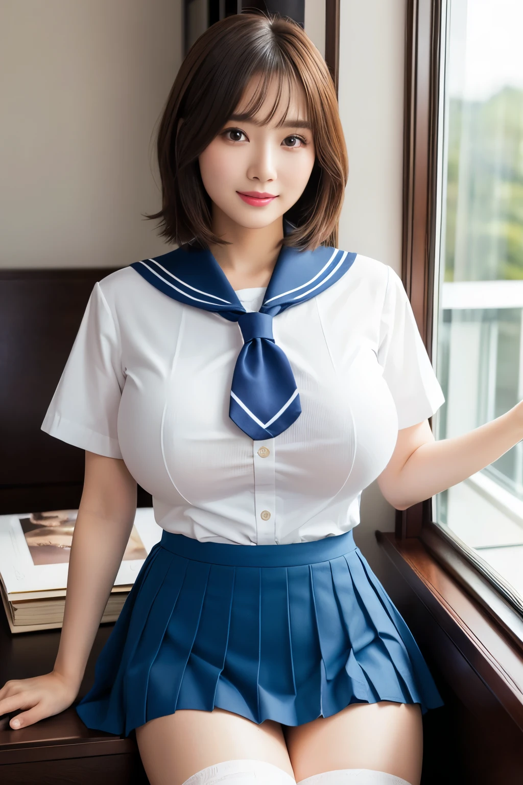8K、Realistic、A detailed face、Detailed mouth、A detailed eye、wetted skin、Sit with your knees upright and your legs open、raise arms、A smile、shot from front、big full breasted tights、Dark blue skirt、Short hair、fullllbody、thighs thighs thighs thighs、18year old、spread your legs and show me your black panties