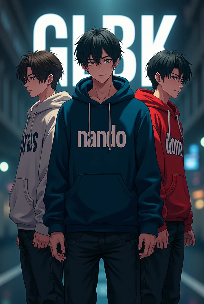 Create three anime character {{background: capital text:“GLBK”, darkness}};
hoodie 1 HD text: “Pras";
hoodie 2 HD text: “Nando";
hoodie 3 HD text: “Doma";
realistic, HDR, handsome, korean style, full body, use piastol, age 20
