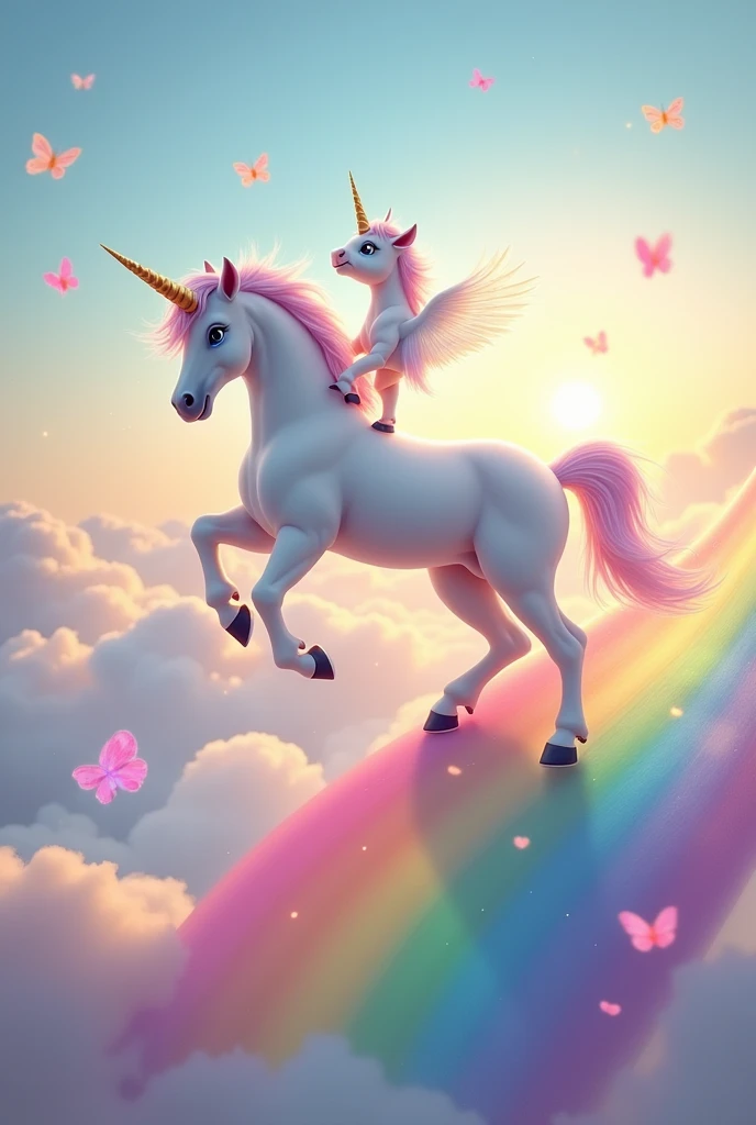 Imagine a heavenly landscape with a clear sky, filled with soft fluffy clouds and a warm glow of golden and pink hues. In the center of the scene, A vibrant rainbow crosses the sky, with intense and bright colors, stretching from a horizon full of golden mountains to get lost in the clouds.
Over the rainbow, Two majestic unicorns meet. The first unicorn, Large size, is elegantly perched on the rainbow, with its snow-white fur shining in the sunlight. His mane and tail are pastel colors., with a soft gradient from pink to light blue, waving in the air. His eyes are large and expressive, full of serenity, and its golden horn emits a subtle magical glow.
On top of this unicorn, A second unicorn is found, a little smaller and playful. This unicorn has silver fur with iridescent highlights., that capture all the colors of the rainbow. Its mane is a vibrant violet color., and its horn has a silver shine that contrasts with the gold of the unicorn below. As they descend together through the rainbow, The unicorn above appears to be in a playful balancing act, with his front legs slightly raised and a joyful expression on his face.
Around it, the rainbow seems to be alive, with flashes of light and little stars shining in the air. A few brightly colored butterflies flutter nearby, adding a touch of magic and dreaminess to the scene. the bottom, with the sky and the clouds, It is ethereal, with a soft glow that highlights the magic of the moment.
This moment captures the essence of a fantasy world, full of magic, joy and beauty, with the two unicorns gracefully descending the rainbow on a heavenly journey.