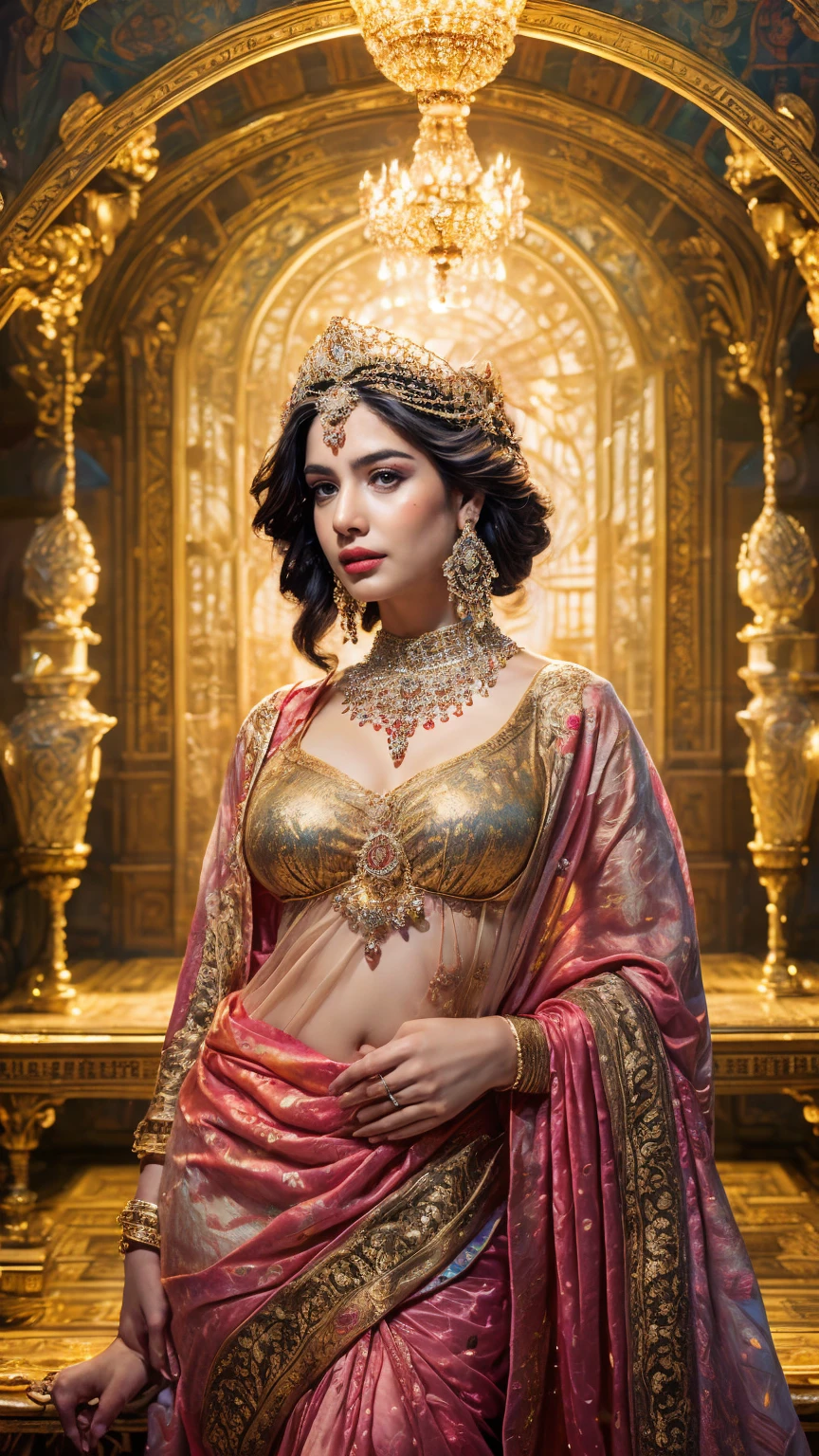 ((Best quality, 8k, Masterpiece :1.3)), Sharp focus :1.2, Generate a realistic image of a beautiful sexy Indian woman plus size body: 8.5 (masterpiece like a princess) (body like divine girl) dressed divine clothes white skirt and print bra, adorned with traditional ornaments, standing in a well-lit room with cinematic lighting. ((Front view, random elegant pose)), and there is a sense of grace and elegance in her posture. The background should complement the scene, enhancing the overall aesthetic appeal of the image. Photography by Brandon Woelfel, Full shot: Canon EF 16-35mm f/2.8L III USM lens on a Canon EOS 9D Mark IV camera 128bit, ultra realistic, 32k, HD