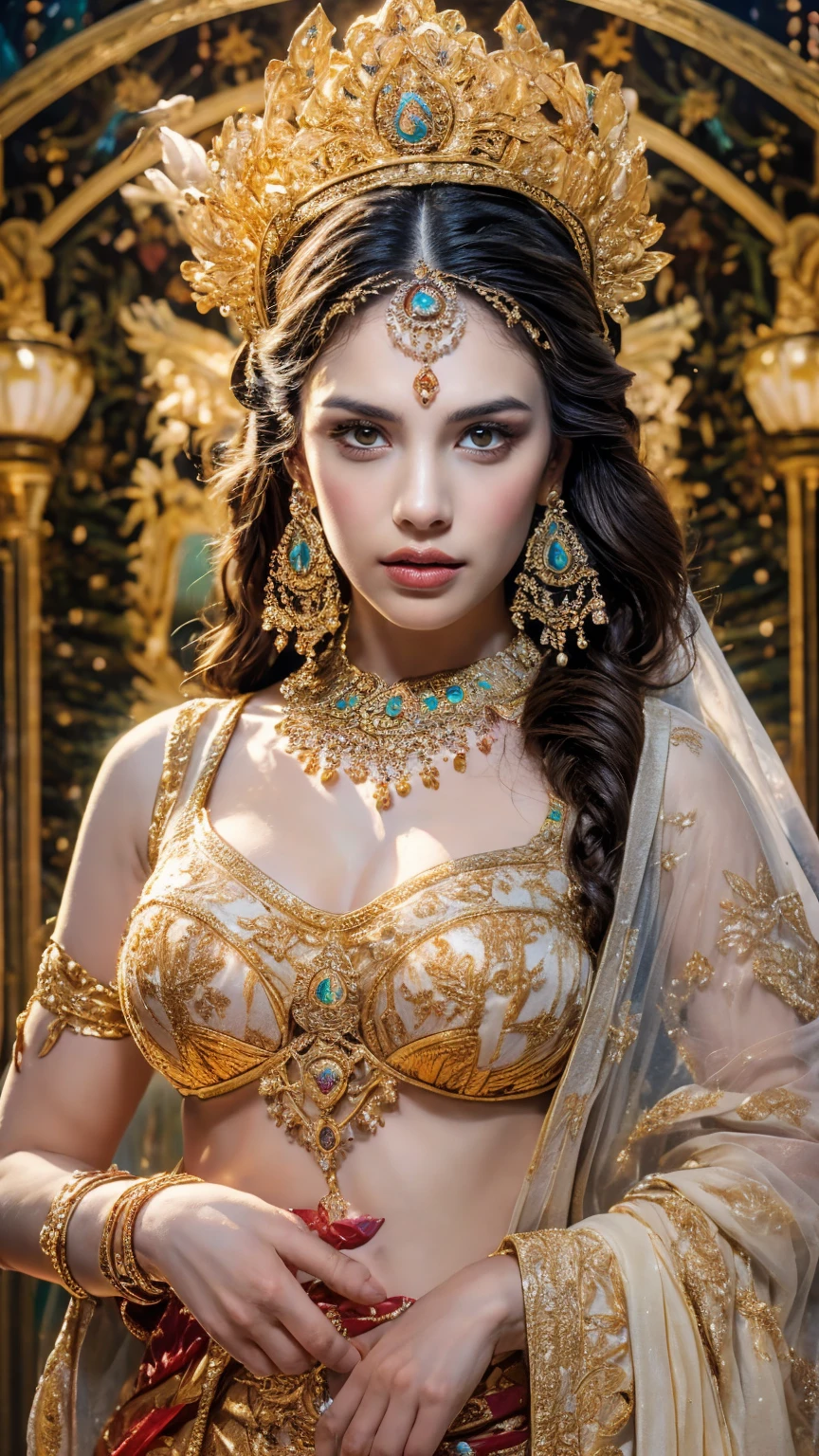 ((Best quality, 8k, Masterpiece :1.3)), Sharp focus :1.2, Generate a realistic image of a beautiful sexy Indian woman plus size body: 8.5 (masterpiece like a princess) (body like divine girl) dressed divine clothes white skirt and print bra, adorned with traditional ornaments, standing in a well-lit room with cinematic lighting. ((Front view, random elegant pose)), and there is a sense of grace and elegance in her posture. The background should complement the scene, enhancing the overall aesthetic appeal of the image. Photography by Brandon Woelfel, Full shot: Canon EF 16-35mm f/2.8L III USM lens on a Canon EOS 9D Mark IV camera 128bit, ultra realistic, 32k, HD