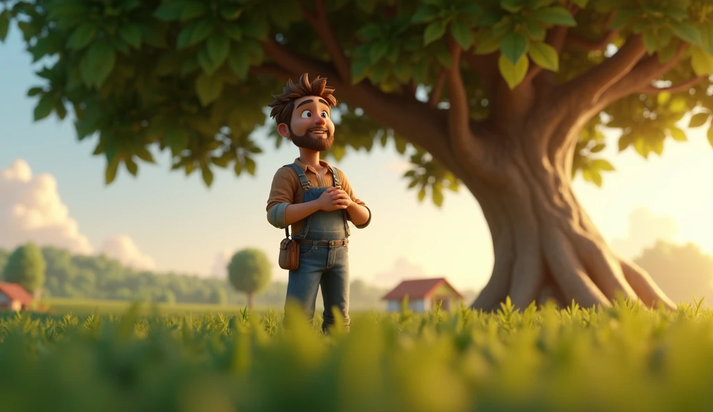 "Animated 3d cinematic style चित्र: किसान पेड़ को देखकर मुस्कुरा रहा है, उसकी आंखों में आशा और प्रेरणा की चमक।
"उसने भगवान बुद्ध को धन्यवाद दिया और महसूस किया कि उसकी मेहनत भी एक दिन सफल होगी, यदि वह धैर्य और संतोष बनाए रखेगा।"