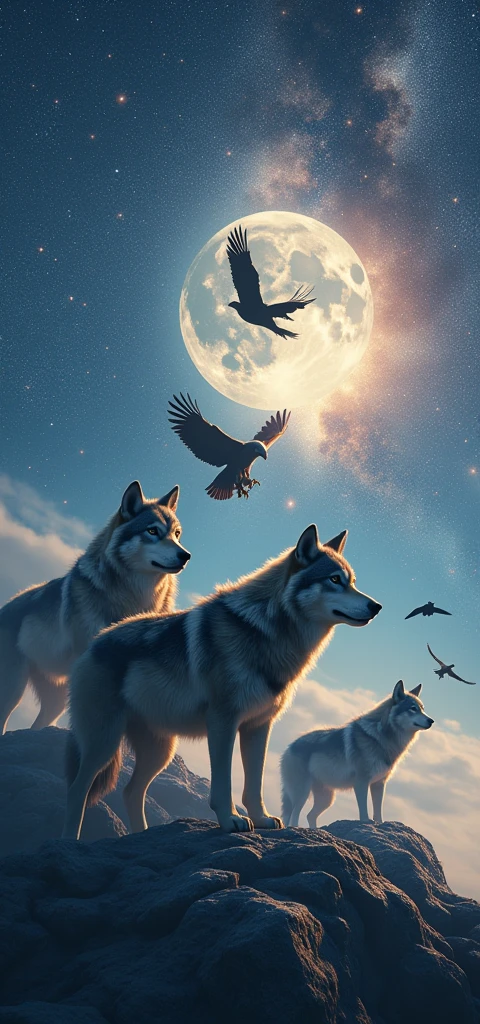 wolfs and Eagles Under the Milky way and Moon and have a Galaxy Background