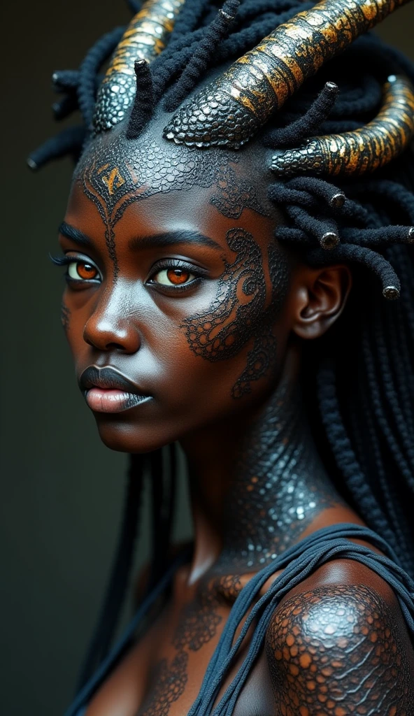 A dragon-inspired woman from Angola, possessing a mix of human and dragon traits. Her skin is covered in small, dark scales with a metallic sheen, mirroring the earth and minerals of Angola. Her eyes are almond-shaped and glowing amber, exuding both warmth and intensity. Her hair flows like a river of night, interwoven with fine, horn-like structures that add a mystical touch. Her overall appearance is fierce yet regal, reflecting the rich heritage of Angola.